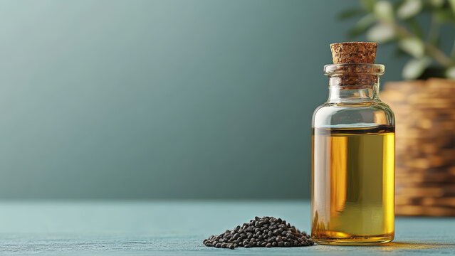 A bottle of black cumin oil and seeds on a table against a colored background. Healthy eating concept.