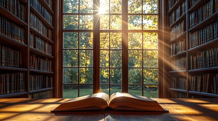 A quiet study in a library, with a single open book on a table and sunlight streaming through the window, soft golden light casting long shadows, calm and peaceful mood, intellectual and serene
