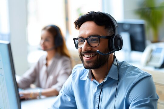 A smiling man in a headset works at a desk, with a woman in the background, showcasing a vibrant office environment.