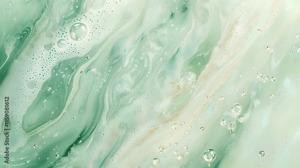 Poster abstract background in soft mint green with radiant textures and floating bubbles creating a fresh a
