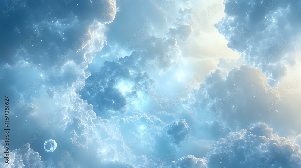 Poster abstract background in steel blue with soft cloud patterns and luminous orbs creating a tranquil sky