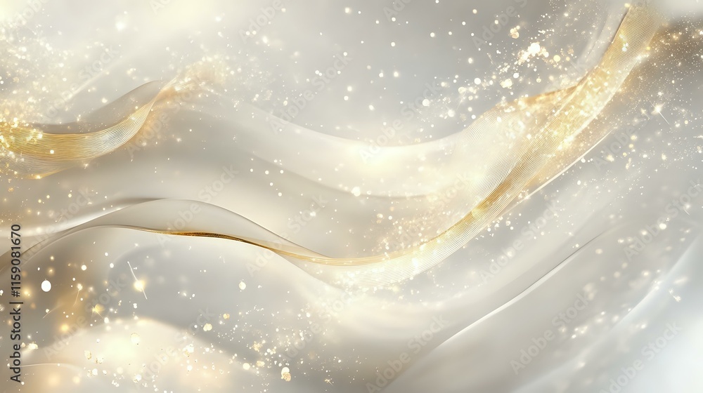 Poster abstract background in soft ivory with golden streaks and scattered glowing light effects creating a
