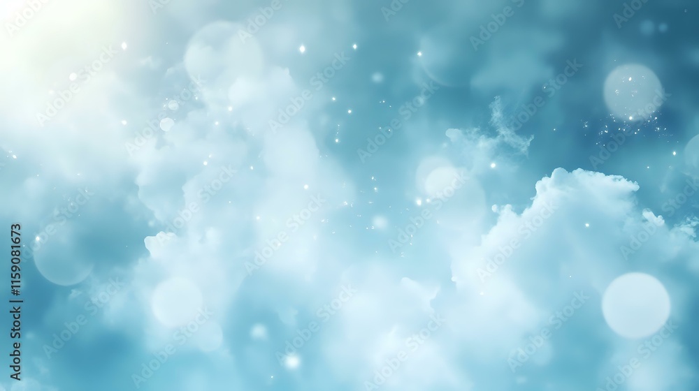Poster abstract background in steel blue with soft cloud patterns and luminous orbs creating a tranquil sky