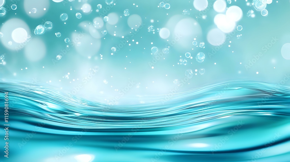 Poster abstract background in turquoise with swirling water patterns and floating luminescent dots giving a