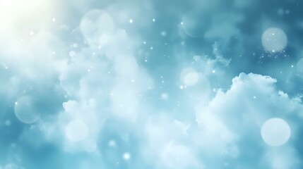 Abstract background in steel blue with soft cloud patterns and luminous orbs creating a tranquil sky-inspired theme