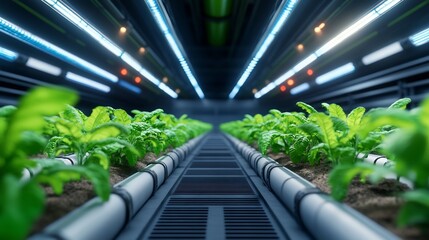 Vibrantly Growing Plants Thrive in Futuristic Indoor Farm 3D Render. AI Generated
