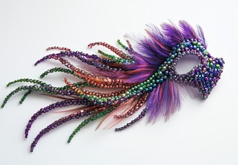 Exquisite Colorful Mask Adorned with Gems and Feathers Perfect for Festivities and Theatrical Events, Showcasing Vibrant Craftsmanship and Artistic Design Elements