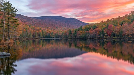 Fototapeta premium Serene autumn lake reflecting vibrant sunset colors and fall foliage on mountain.