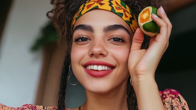 A joyful Hispanic woman smiles brightly while holding a fresh lime, promoting healthy eating during National Nutrition Month