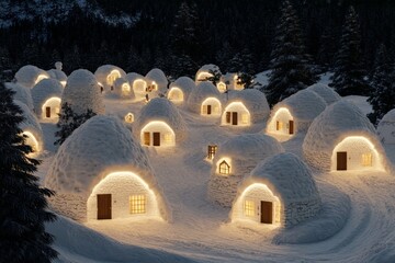 A vibrant 3D illustration of an igloo village, with realistic snow textures and dynamic lighting creating a cozy Arctic ambiance