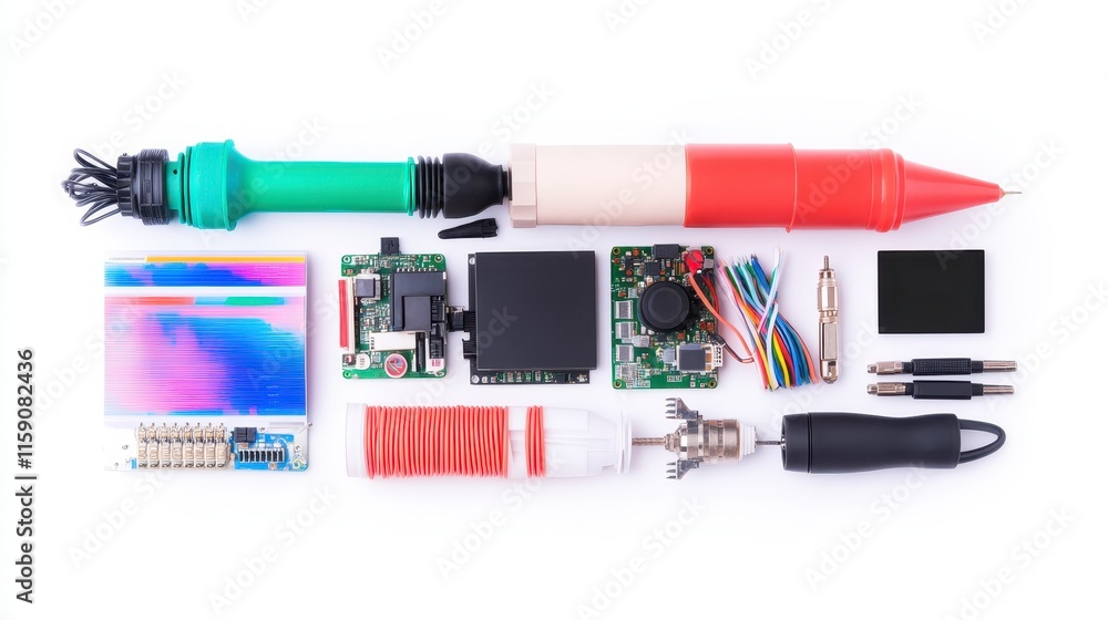 Poster a collection of electronic components and tools arranged neatly, featuring a colorful marker, circui