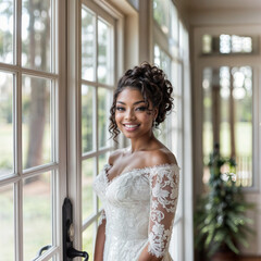 Portrait of a very attractive black woman in a wedding dress in an interior illuminated with natural light