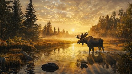 Naklejka premium Majestic moose wading in a tranquil river at sunrise, golden light illuminating the serene autumnal landscape.