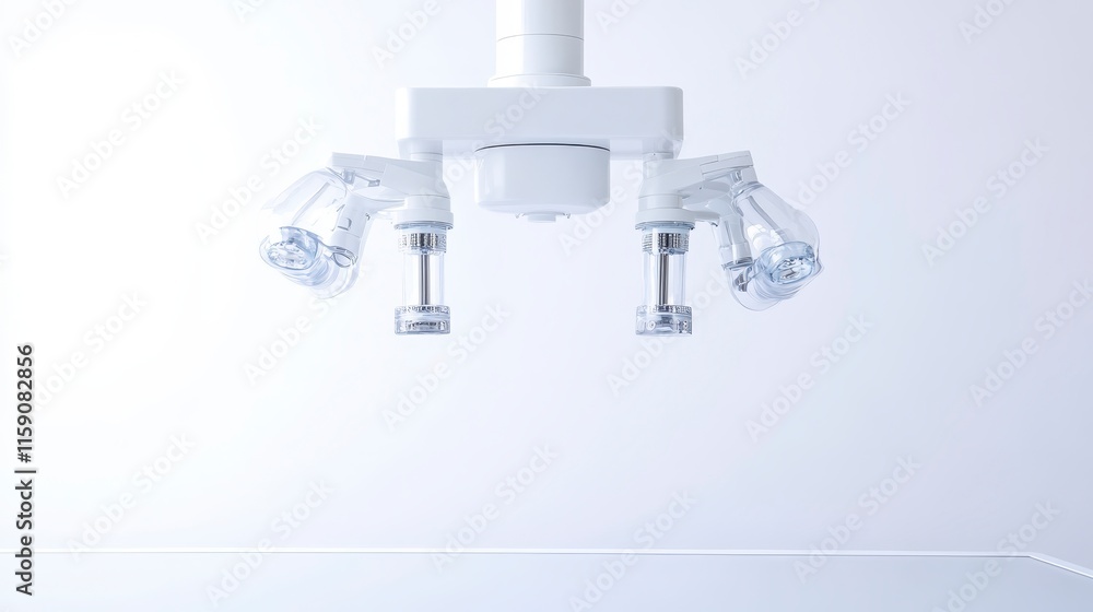 Poster a minimalist lab setup featuring a white microscope with adjustable lenses, perfect for precise scie