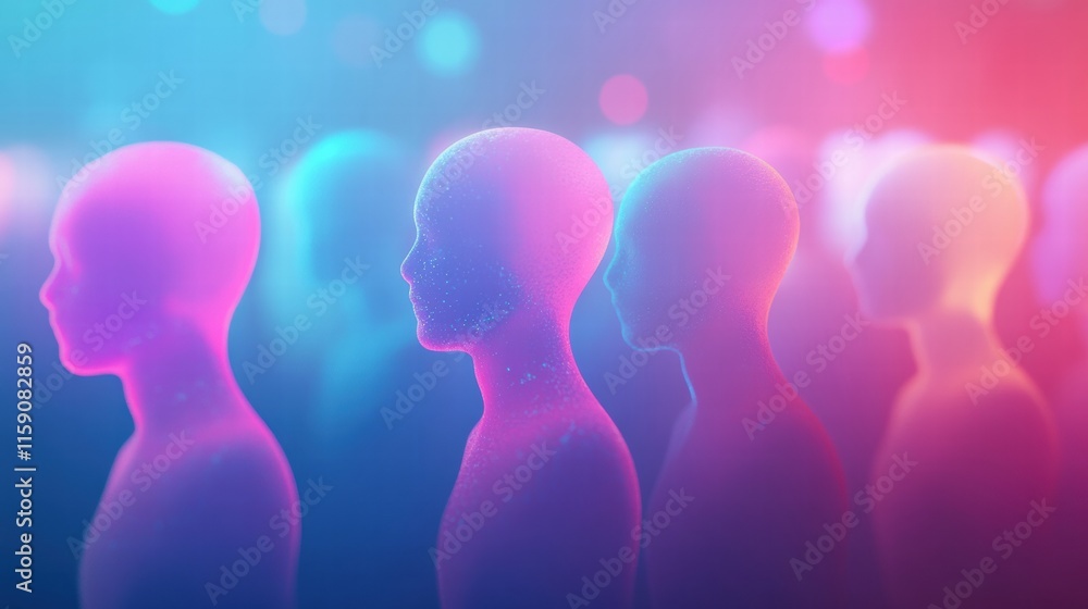 Poster Abstract faceless avatars in vibrant colors with copy space for text placement. Generative AI