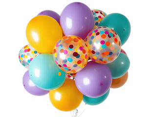 A colorful balloon bouquet with confetti-filled balloons, isolated on a white background, centered and full view for a party look
