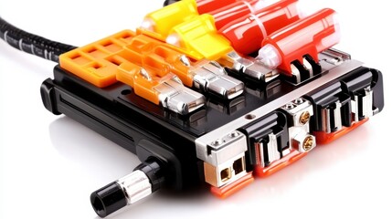 A compact electrical connector with multiple terminals and colored connections, designed for efficient wiring and circuit integration.