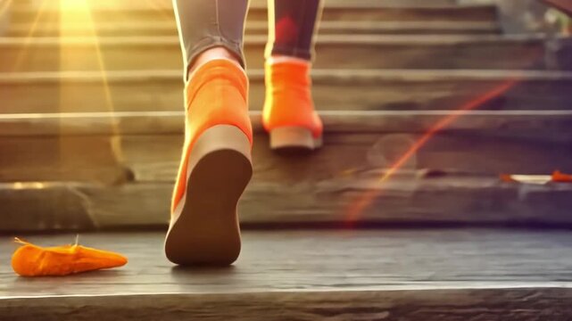This image captures a vibrant moment of someone climbing stairs. The orange socks contrast with the textured stone. It symbolizes progress and determination. Generative AI