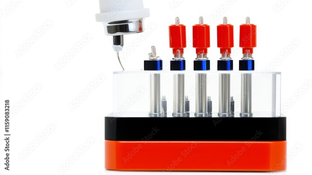 Poster a device featuring multiple syringe-like components, designed for precise liquid dispensing or sampl