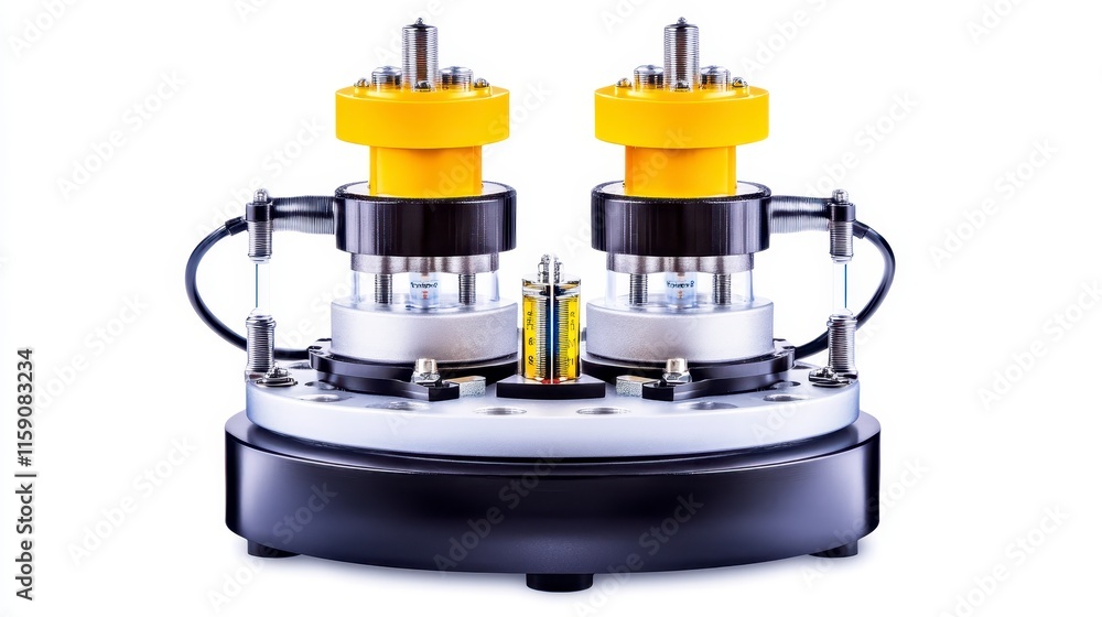Poster a dual-chamber device with yellow tops, designed for precision operations in a mechanical or scienti
