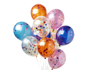 A colorful balloon bouquet with confetti-filled balloons, isolated on a white background, centered and full view for a party look