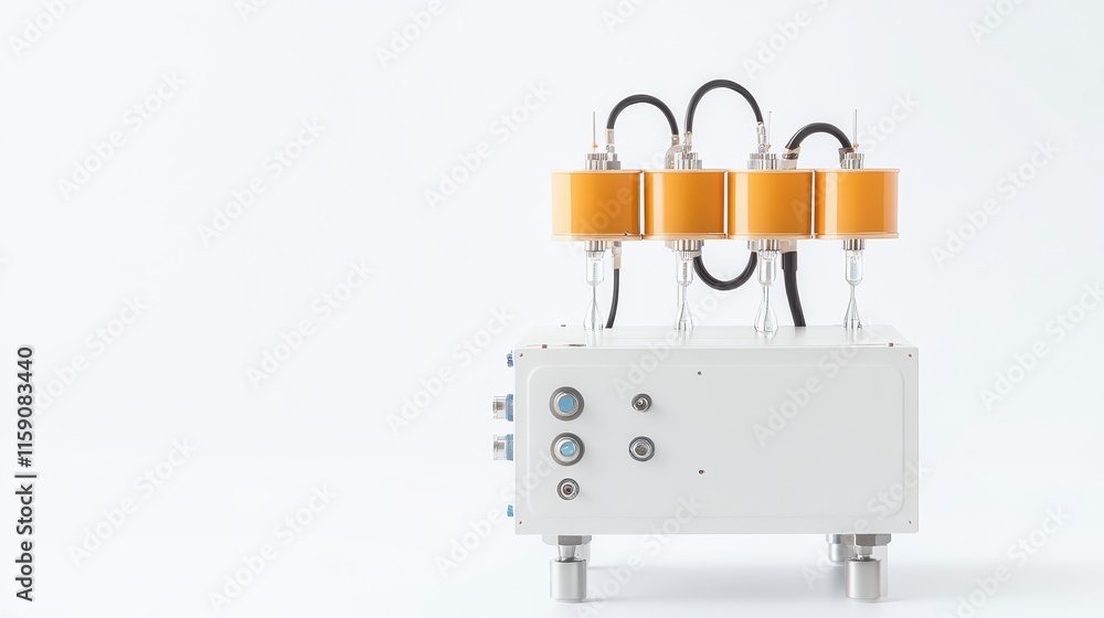 Poster a modern device featuring three orange components and multiple connections, showcasing a sleek desig