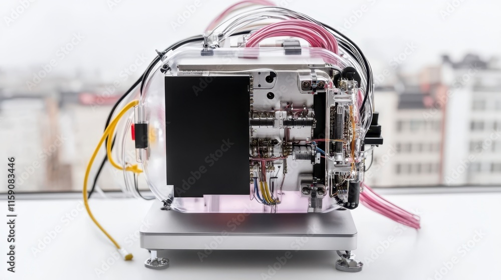 Poster a modern, compact machine with intricate wiring and transparent casing, showcasing advanced technolo