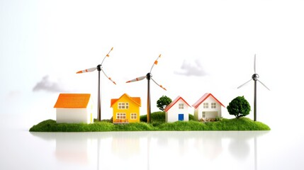 A colorful model of houses with wind turbines set on a grassy base, symbolizing renewable energy and sustainable living.