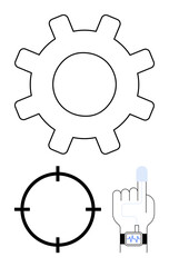 Gear, crosshair for targeting, and smart device on a finger showing health monitoring. Ideal for technology, precision engineering, health tech, diagnostics, innovation, AI and wearable devices