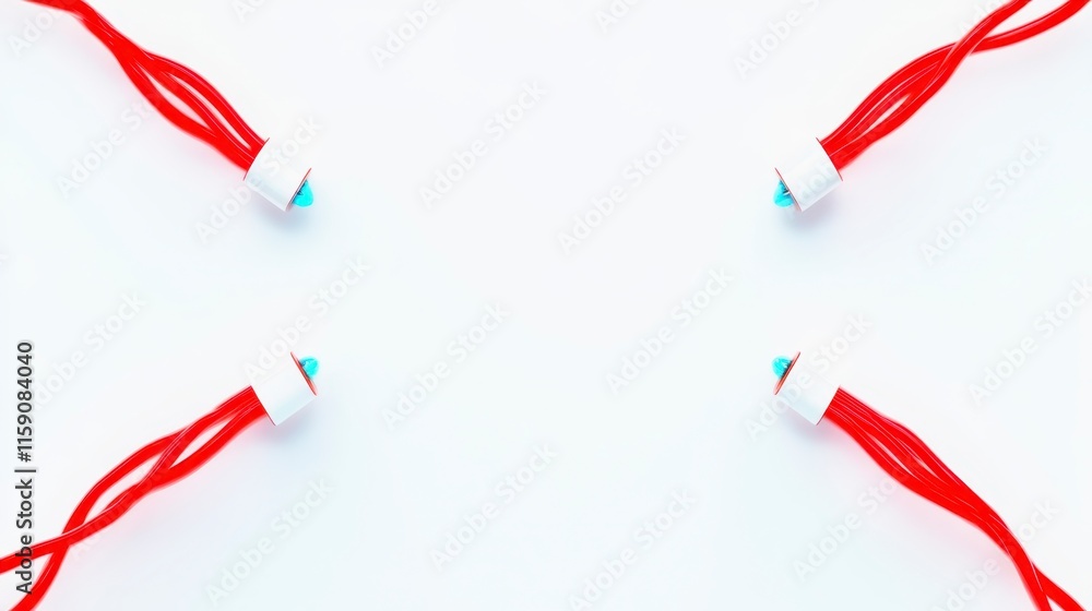 Poster a bright, minimalistic image featuring four red strings with white end caps, arranged symmetrically 