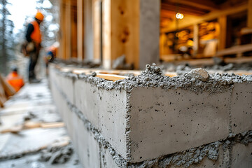 Construction site featuring the process of building walls with aerated concrete blocks, showcasing precision, durability, and efficiency in modern construction techniques.