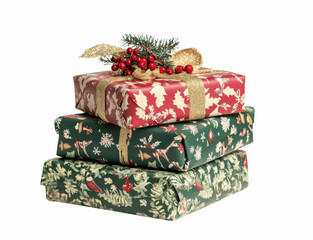 A stack of three festive gift boxes in different wrapping styles, isolated on a white background, centered for a holiday look
