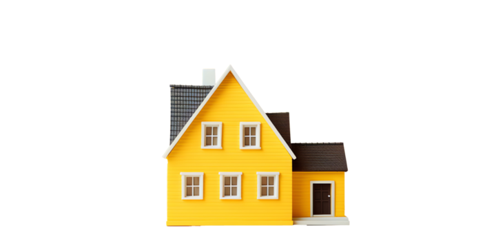 a yellow house with a black roof