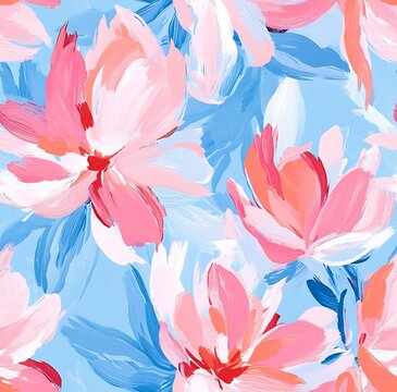 floral seamless pattern in pastel pink and blue, with large brush strokes