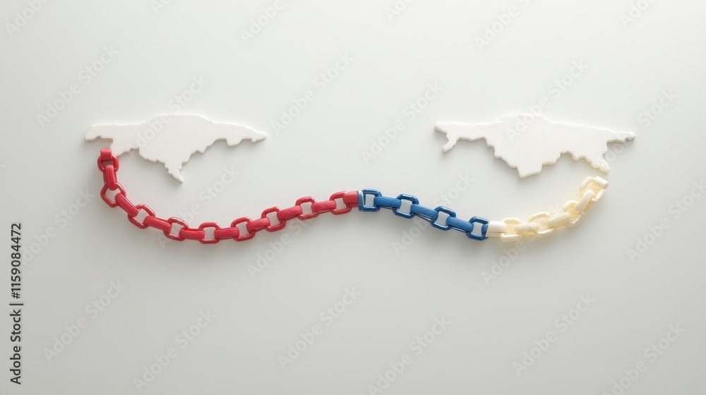 Poster a creative depiction of interconnected regions represented by colored chains, symbolizing unity and 