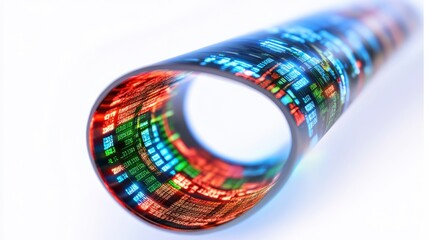 A colorful, abstract representation of data flowing through a cylindrical tunnel, showcasing vibrant patterns and digital motifs.