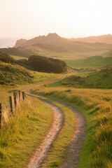 Naklejka premium Winding dirt path through rolling green hills at sunset