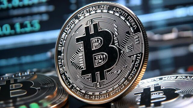 A close-up of the Bitcoin logo on top of several other coins.