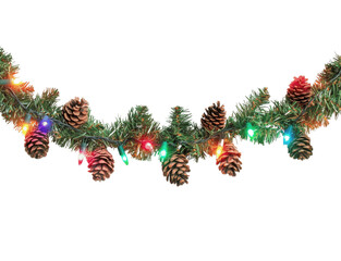 A decorative garland with Christmas lights and pine cones, isolated on a white background, shown from the front with bright colors