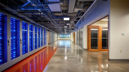 Fototapeta premium Data centers house rows of server racks, their digital hum a constant sound of web hosting and network communication at hallway