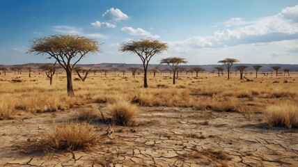 Landscape view of dry savanna with blue sky background