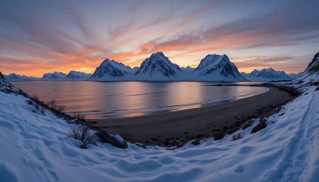 Panorama of Sunset over Ryten mountain and Kvalvika beach in winter at Lofoten
