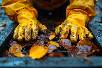A dedicated sanitation worker wearing protective gloves, clearing a clogged storm drain filled with leaves and debris after heavy rainfall, ensuring proper water flow and flood prevention