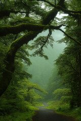 Misty Forest Path with Mossy Trees