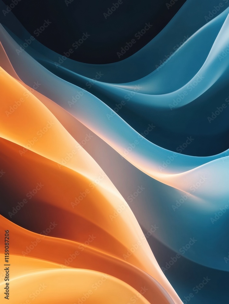Leinwandbilder Glossy waves in vibrant orange and blue tones create an abstract visual experience of fluid motion and depth. Generative AI