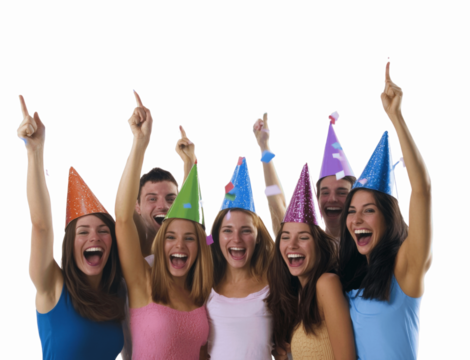 A group of friends celebrating with confetti and party hats, isolated and centered on a white background, smiling and cheering