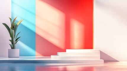 Fototapeta premium Brightly Lit Minimalist 3D Render: Product Mockup on Stylish Steps. AI Generated