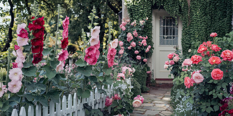 Obraz premium Charming Cottage Garden Path with Hollyhocks and Roses