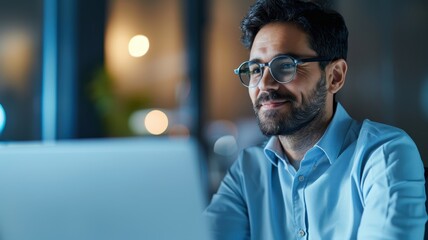 Obraz premium A smiling man in glasses works attentively on a laptop in a dimly lit environment, showcasing focus and engagement.