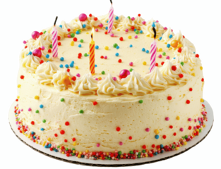 A classic birthday cake with frosting, candles, and festive decorations, isolated on a white background, front view with all details visible